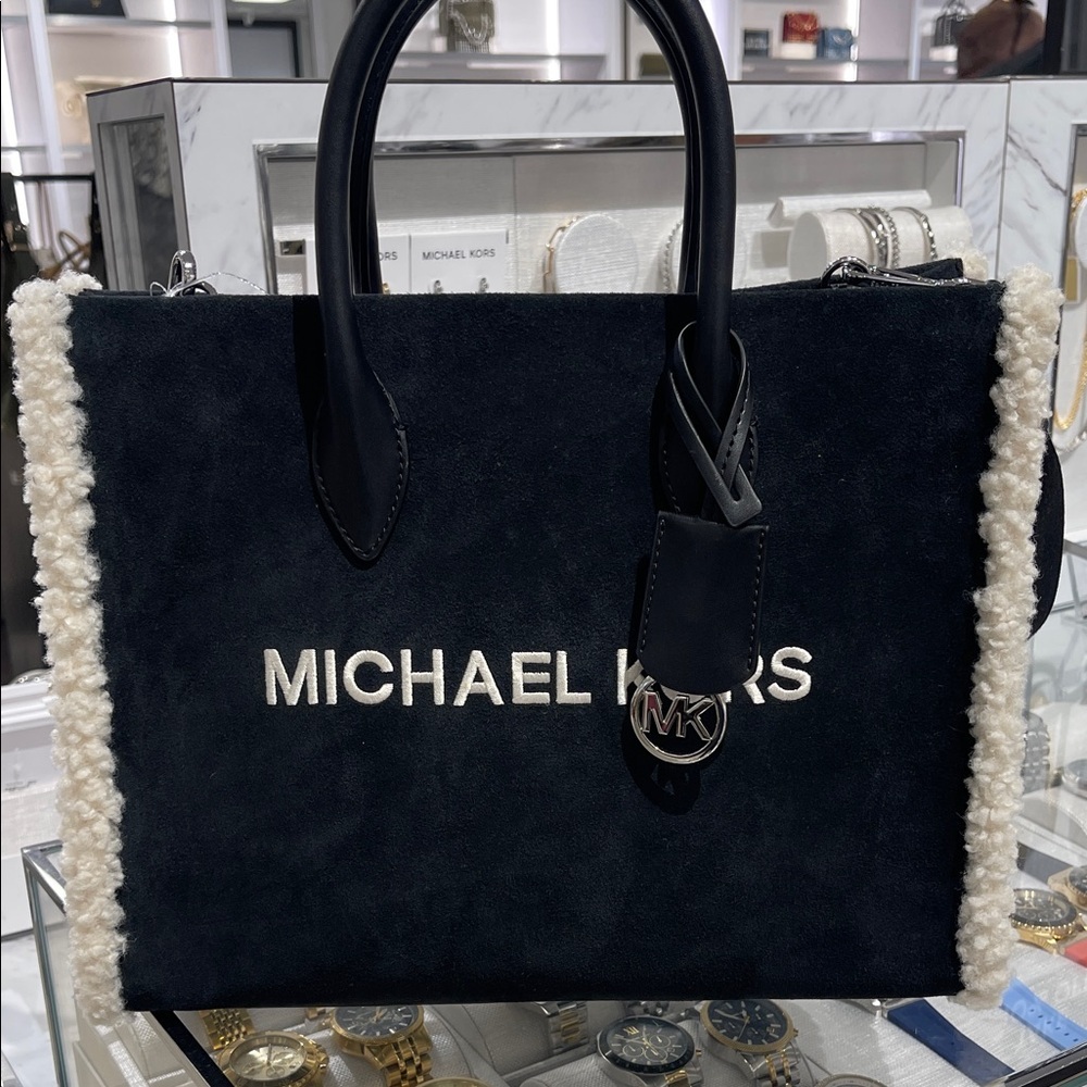 MICHAEL KORS Mirella Medium Suede and Faux Shearling Tote Bag
Black 
NWT